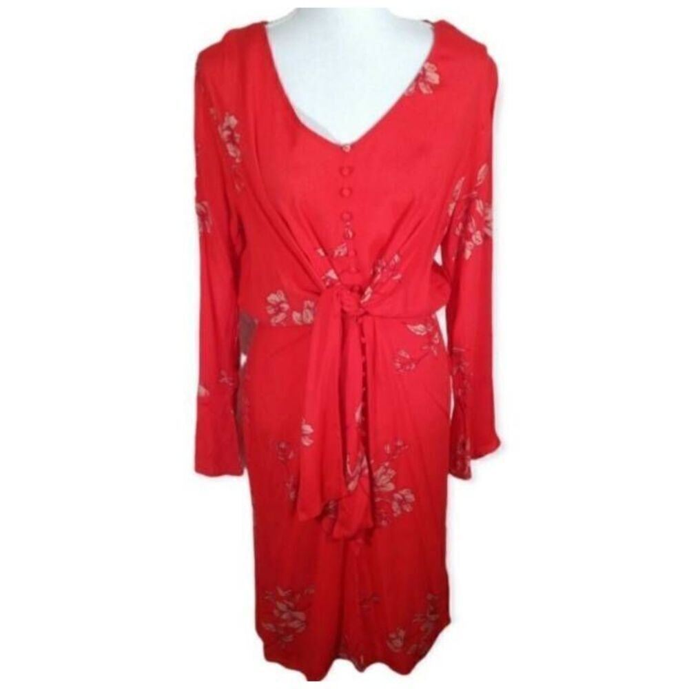 DRESS FORUM RED FLORAL TIE FRONT DRESS SZ.L EUC.